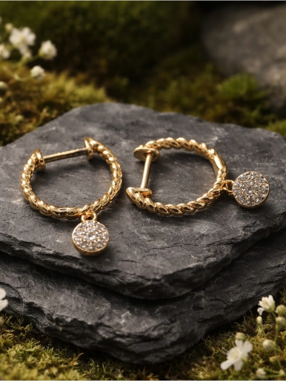Gold Twisted Hoop Earrings with Pave Disc Charm